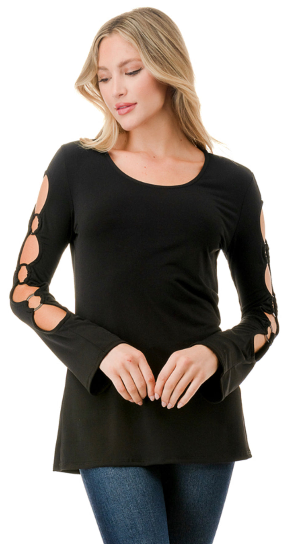 Black jersey top with ring cutout sleeves