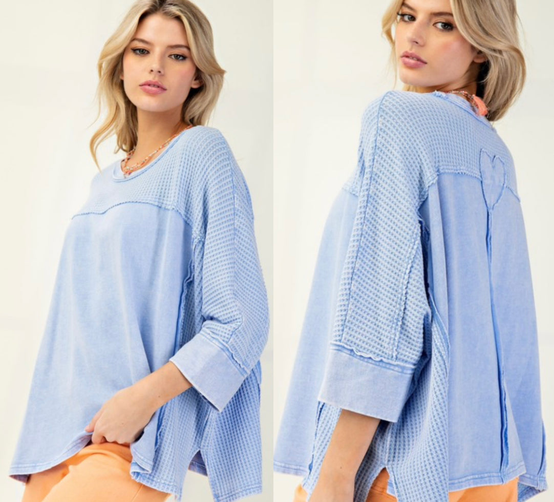 Blue loose fit soft ribbed top with tonal heart patch on back