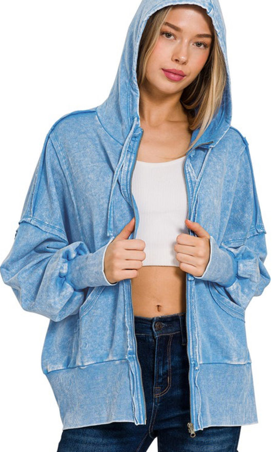 Mineral wash sky blue zip hoodie