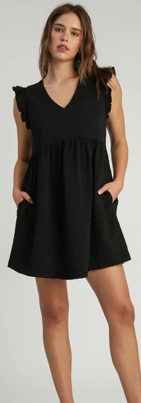 Black v neck dress with ruffles