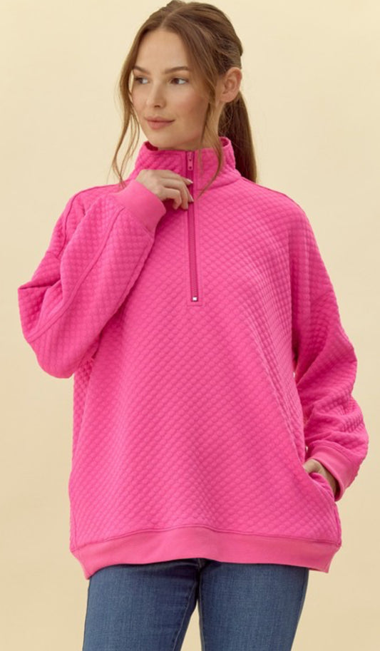 Pink textured knit quarter zip