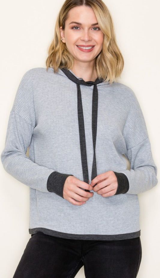 Grey soft knit waffle hoodie with charcoal strings & wrists