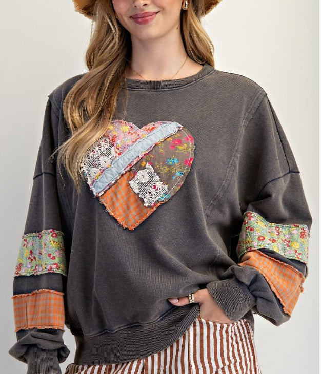 Grey sweatshirt with patchwork heart and sleeves, ALSO AVAILABLE IN PLUS SIZES!