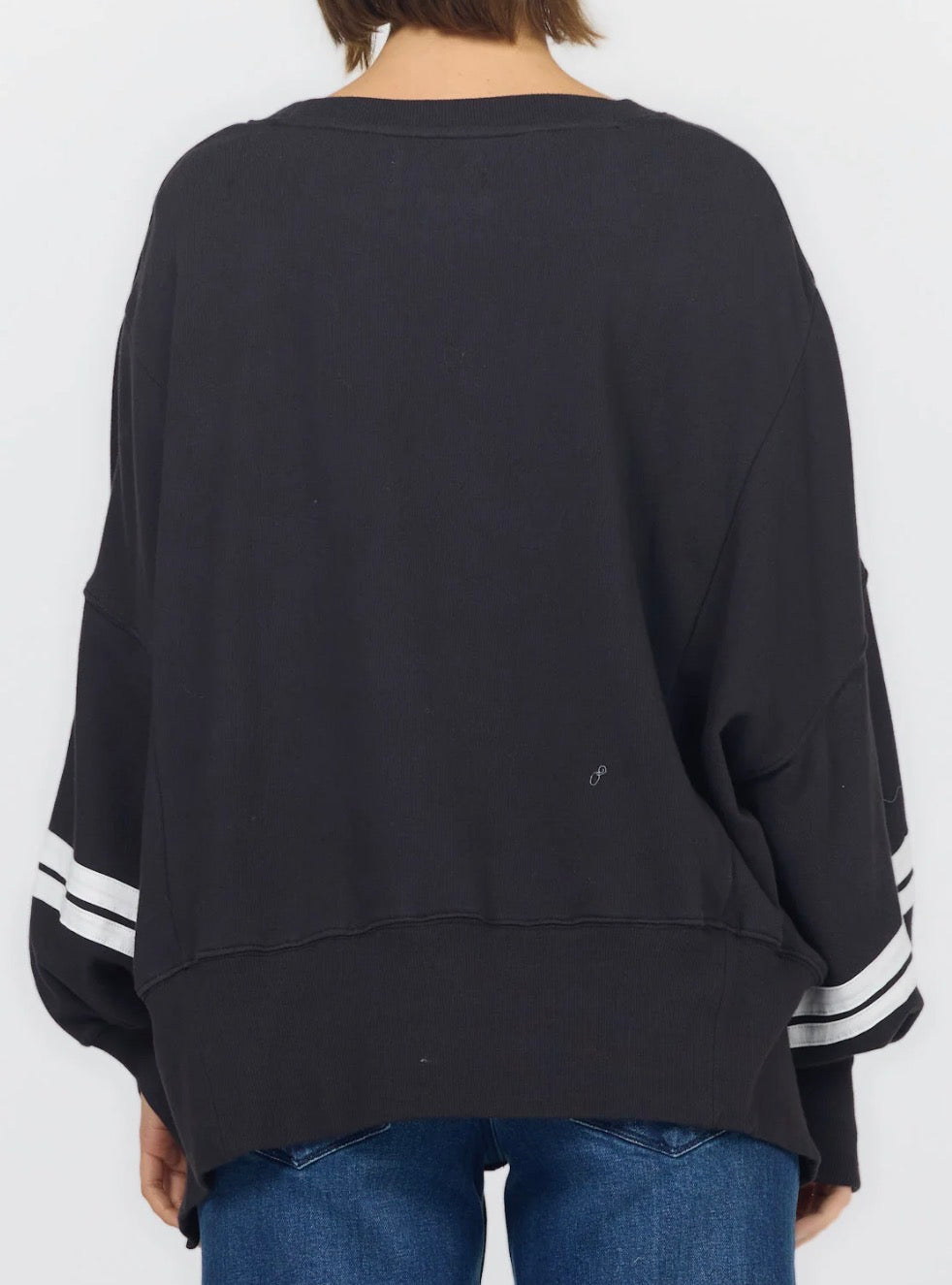 PREORDER NOW, Arriving Wednesday…Dear John Trenton oversized black top with white sleeve stripes, available up to XXL