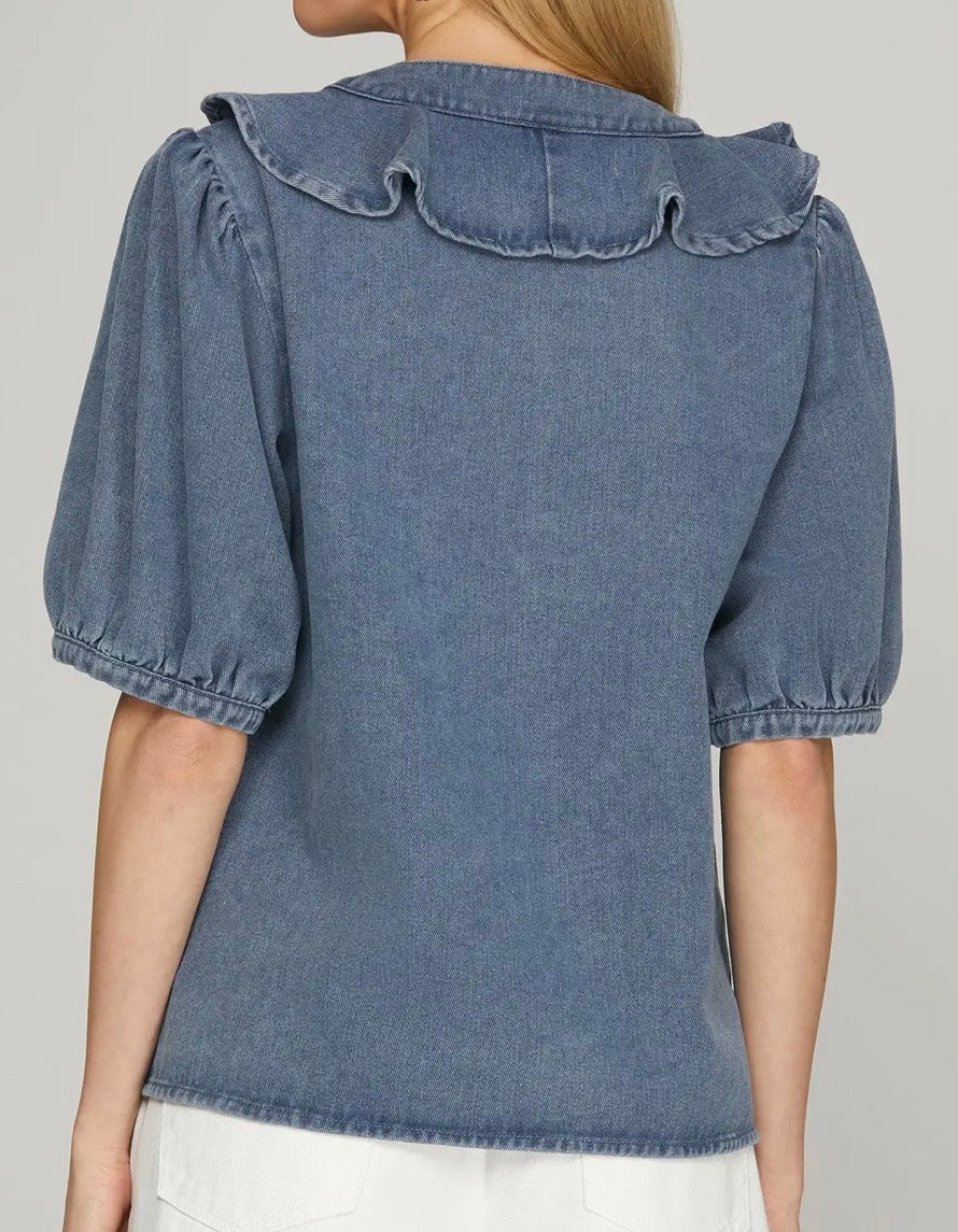 Denim ruffle blouse