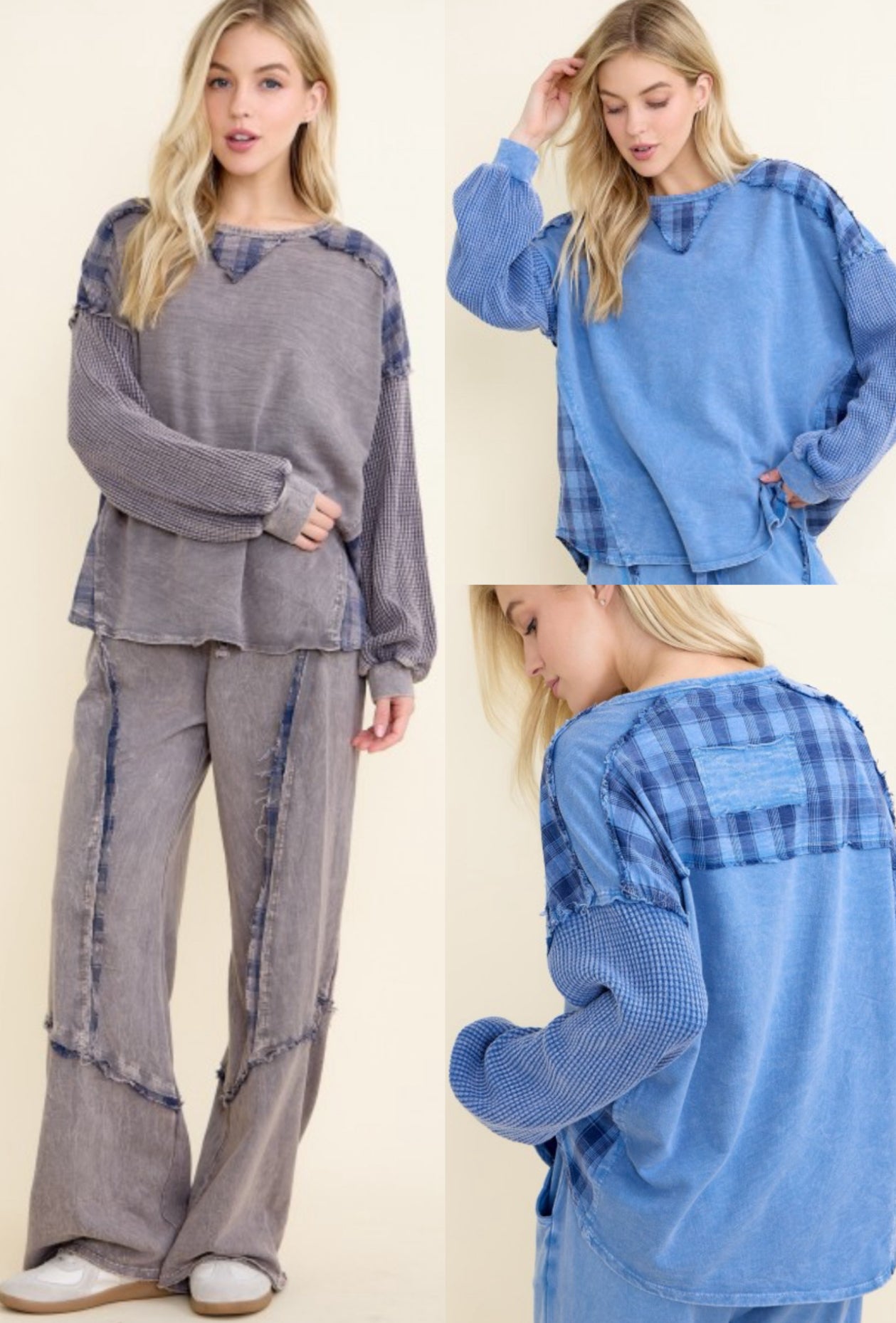 Plaid insert loose fit pants and sweatshirts (sold separately)