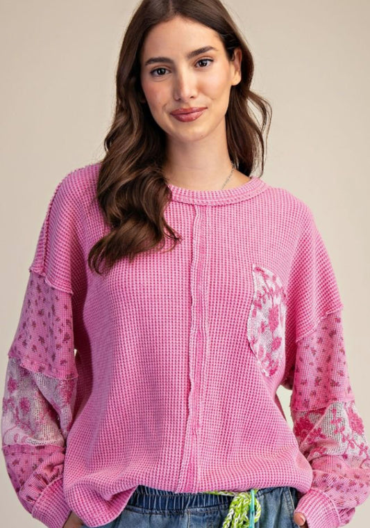 Pink waffle loose fit top with lace and floral detail