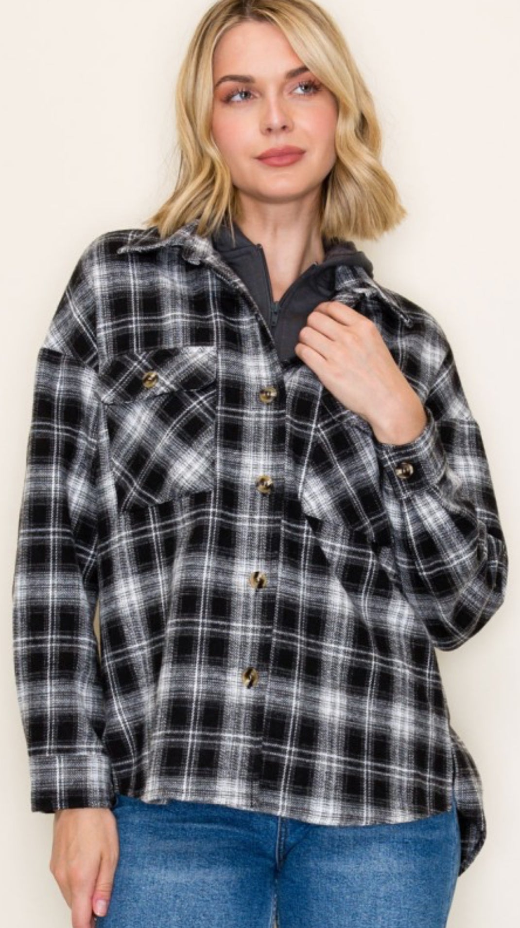 Black/white flannel with fleece zip hooded insert