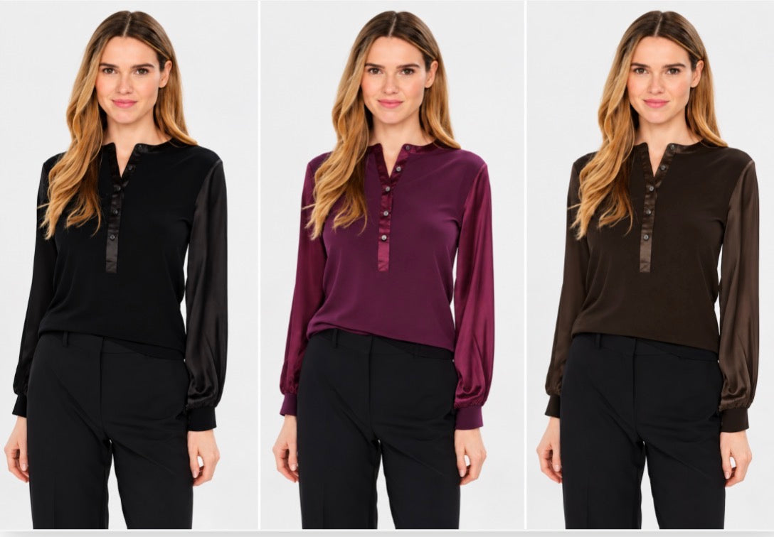 PREORDER NOW, Arriving Thursday…Six Fifty Janie satin sleeve tops in 3 colors (black, brown and burgundy)