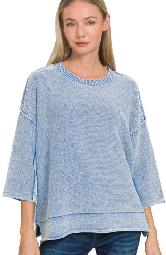 Blue 3/4 sleeve knit layer hem top