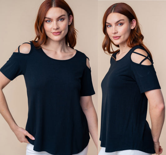 Black strappy open shoulder top (also available in plus sizes)