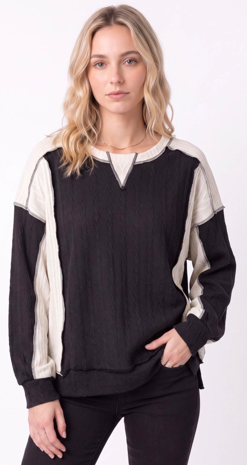 PREORDER NOW, Arriving Friday…Black and white rib knit colorblock top