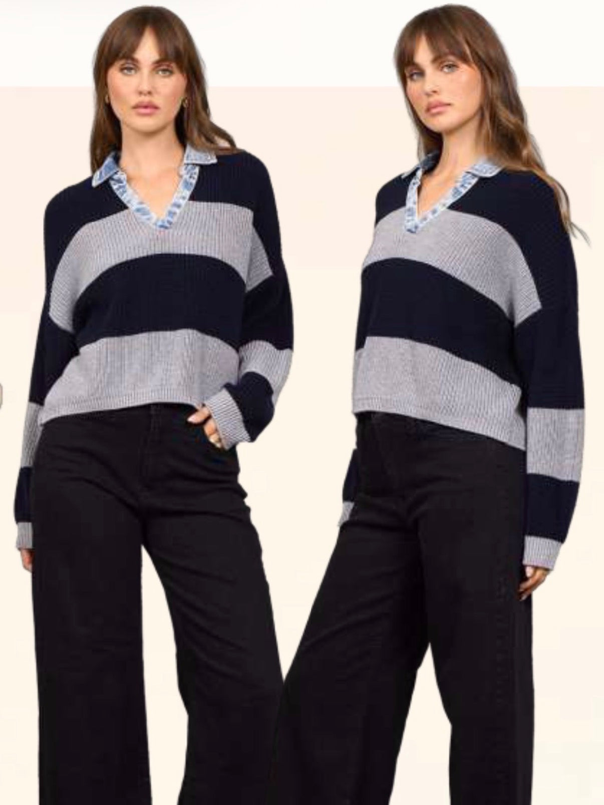 Vintage Havana grey/navy stripe sweater with denim collar