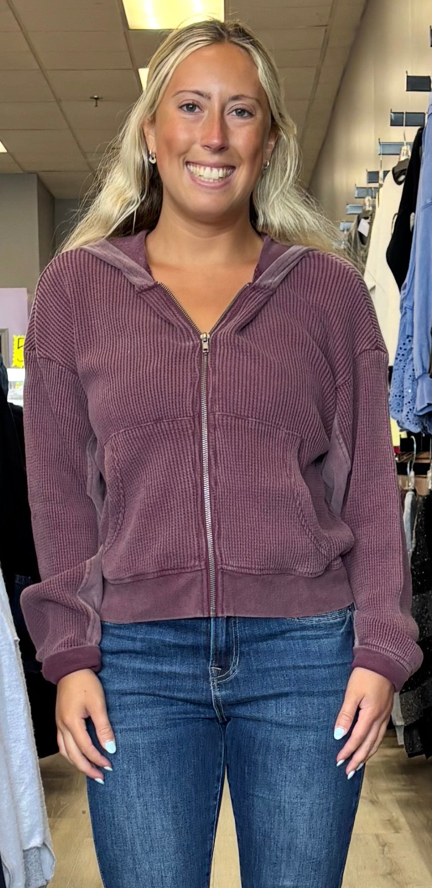 Dark cherry soft fleece zip hoodie with waffle inserts