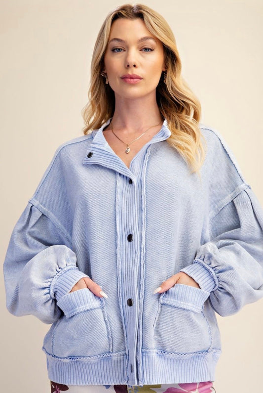 Blue french terry knit snap front jacket