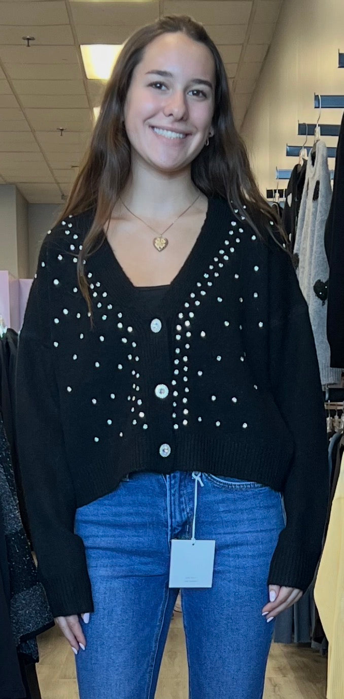 Black sweater knit cardigan with rhinestones