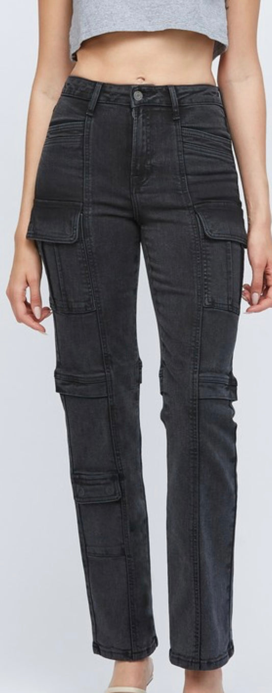 Hidden charcoal grey straight leg cargo jeans with stretch