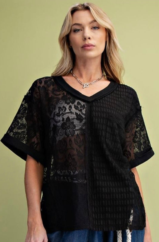 Black lace v neck tee