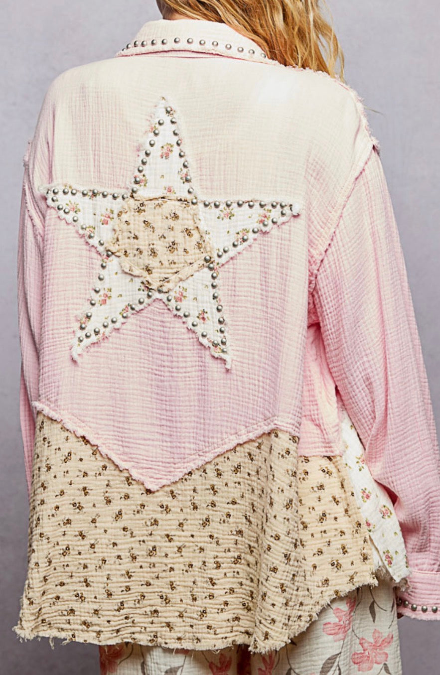 PREORDER NOW, Arriving Thursday…Pink gauze blouse with floral inserts and stud stars