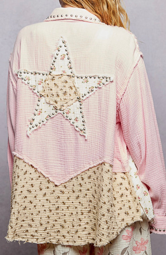 PREORDER NOW, Arriving Thursday…Pink gauze blouse with floral inserts and stud stars