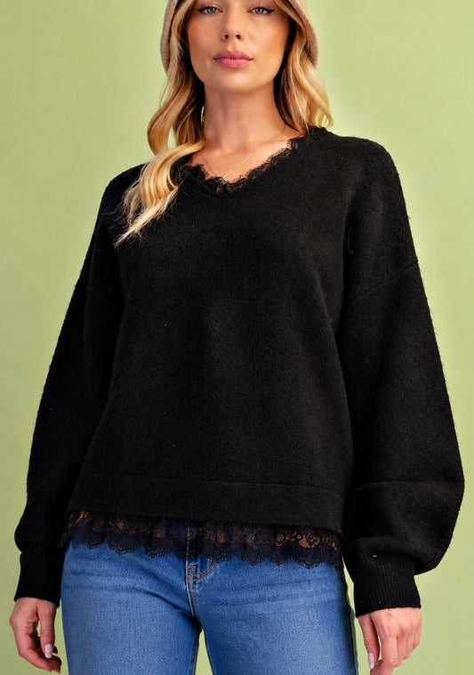 Black loose fit sweater with lace at v and bottom