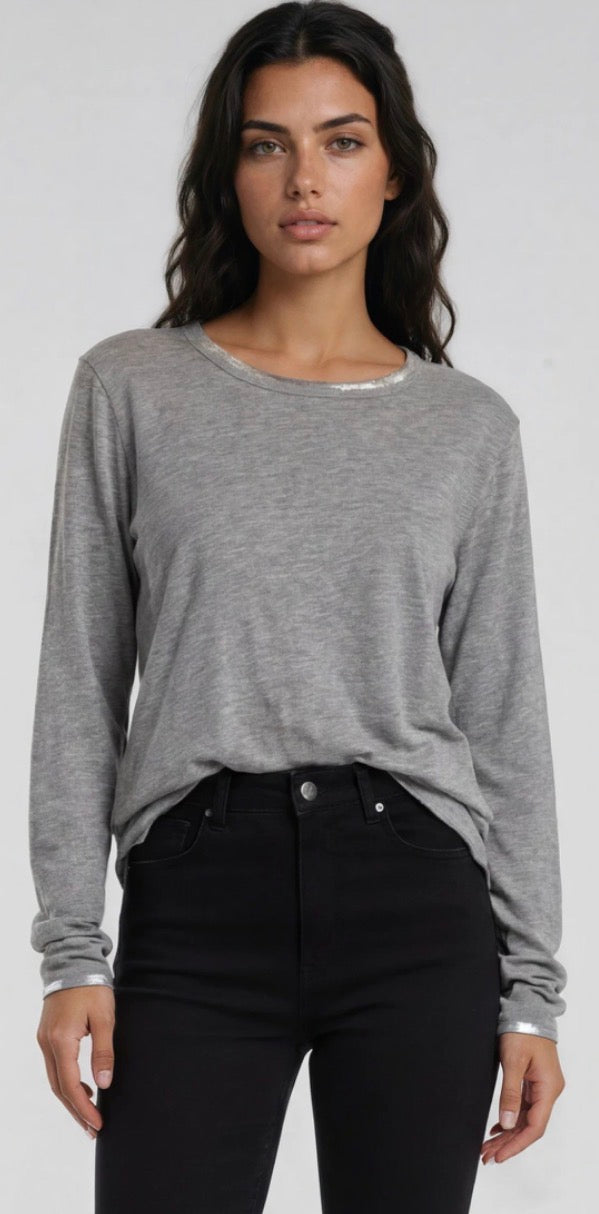 CHRLDR grey long sleeve tee with silver foil trim