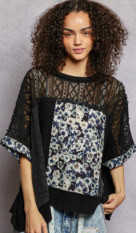 Black lace loose fit top with floral patches