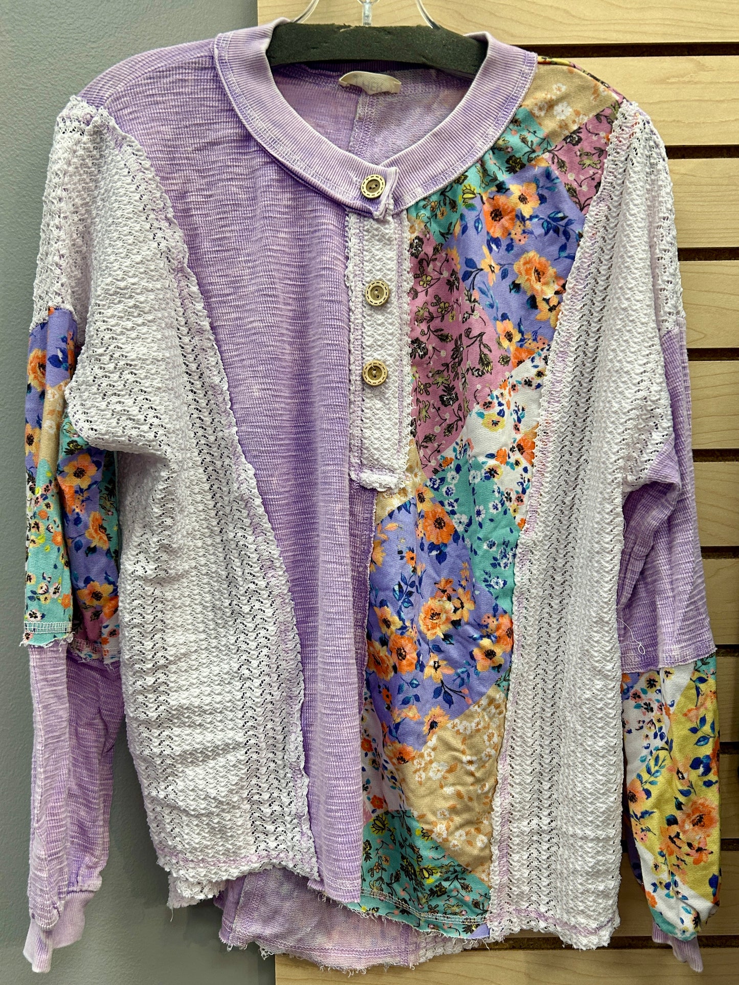 Lilac floral/crochet mix henley, BEST SELLING style!