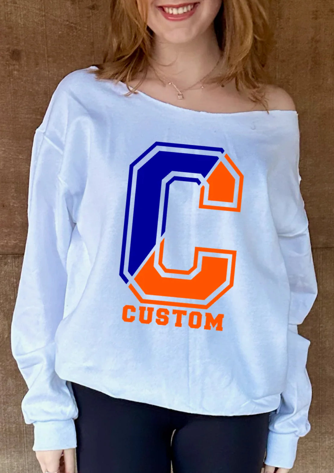 Custom big initial sweatshirt (choose crew neck or off shoulder and order for ANY school)