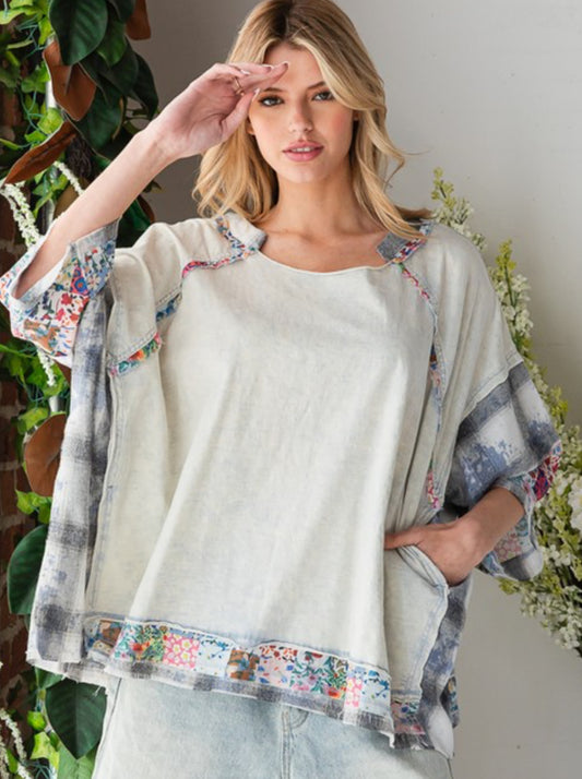 Blue oversized patchwork top (available up to 2X/3X)