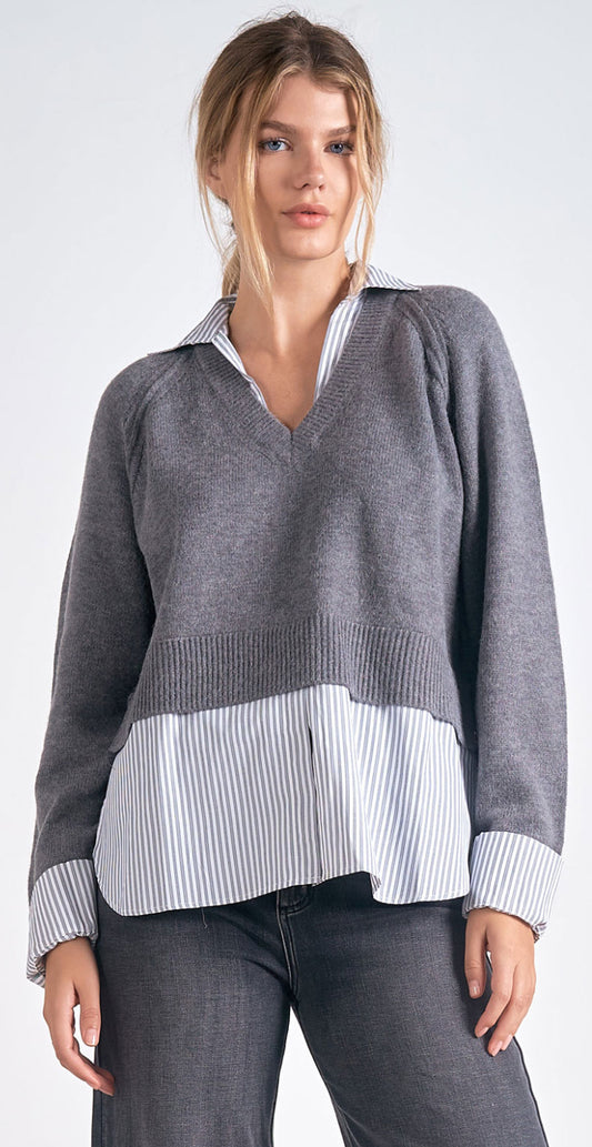 Grey with attached blouse double layer soft knit sweater