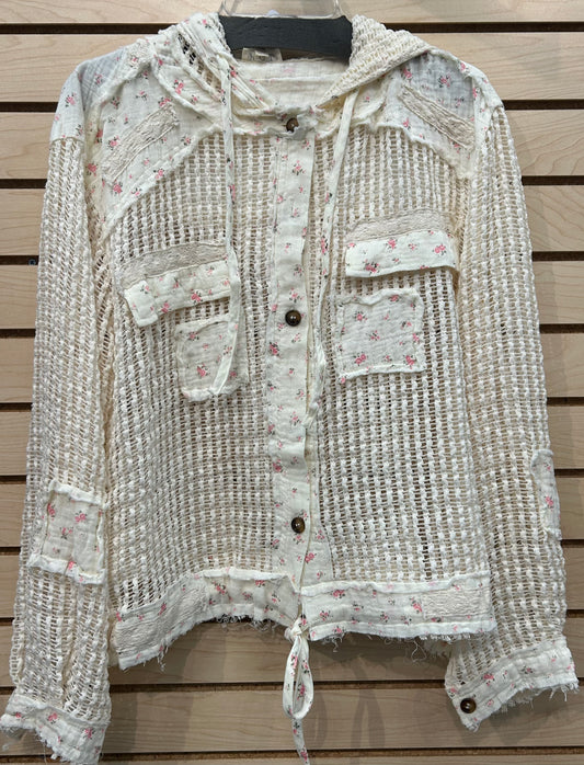 Ivory crochet blouse with pink floral inserts