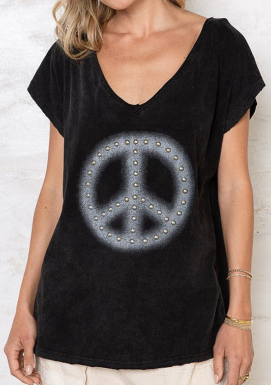 PREORDER NOW, Arriving Tuesday...Black studded peace sign v neck tee, BEST SELLER!