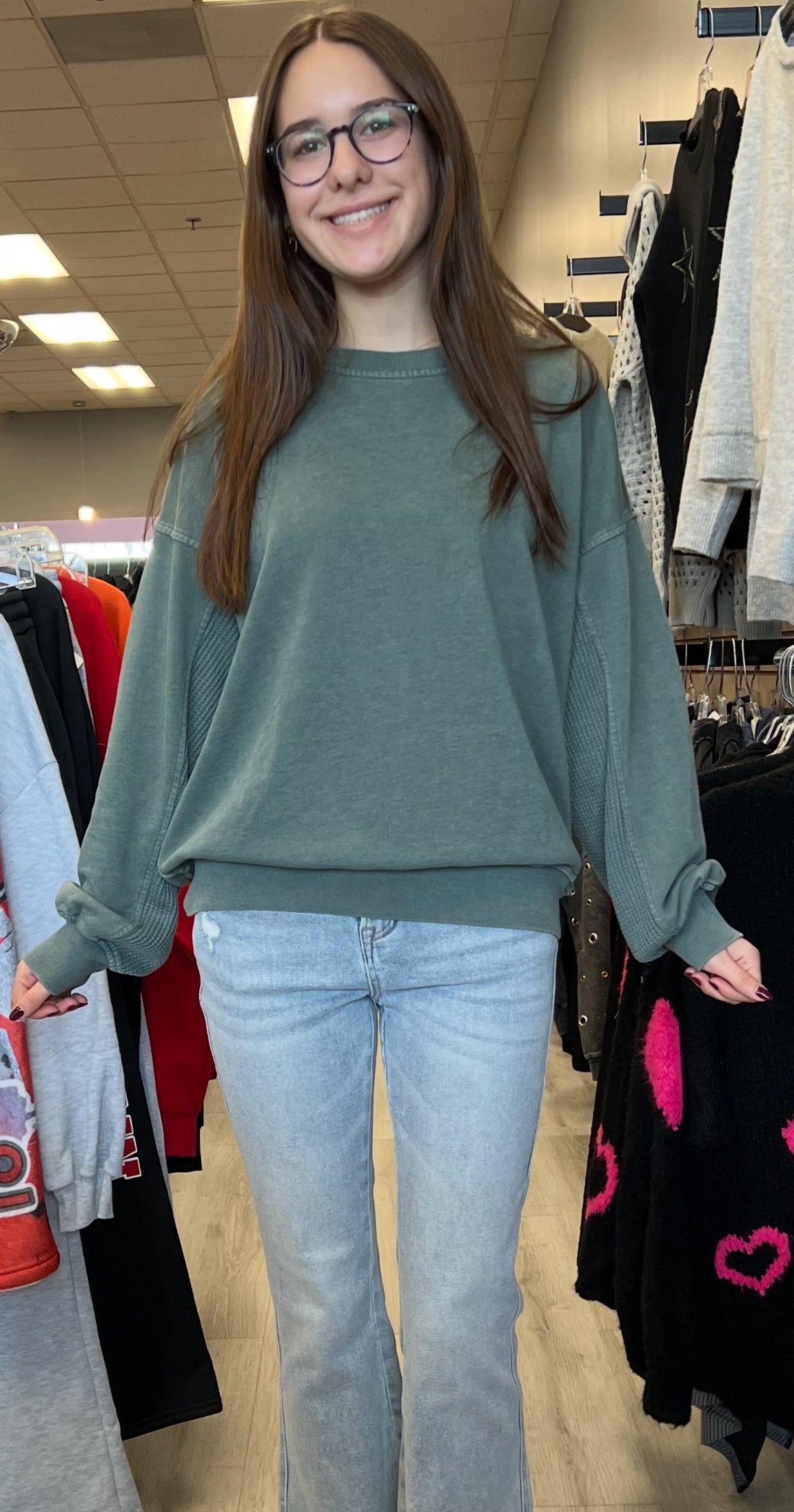 Olive green mixed texture soft sweatshirt
