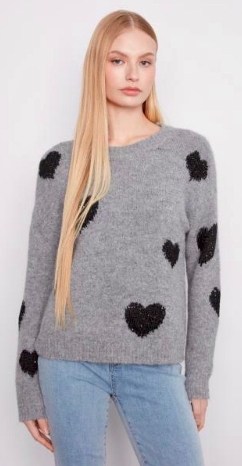 Charlie B grey soft sweater with black hearts, XS through XXL