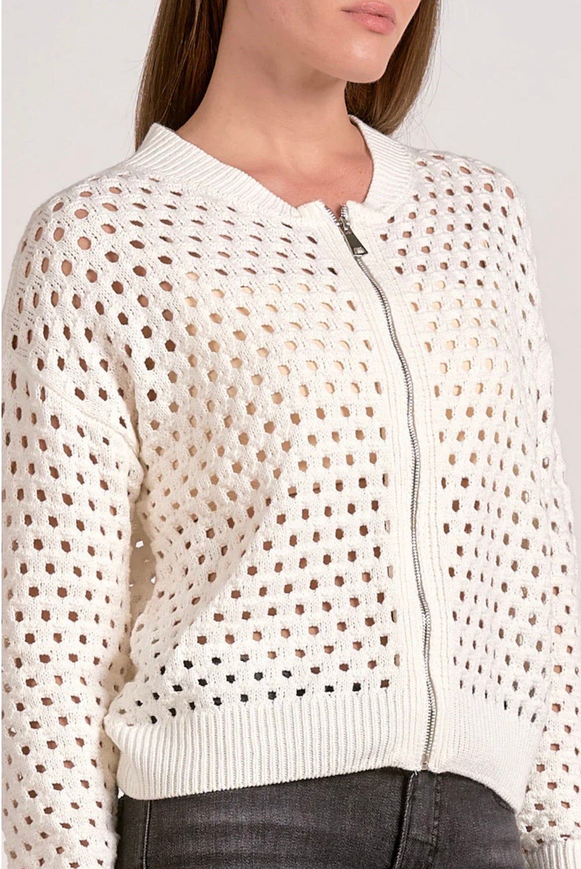 PREORDER NOW, Arriving Wednesday …Elan off white crochet zip bomber jacket
