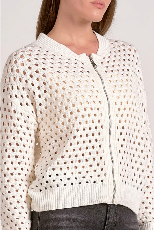 PREORDER NOW, Arriving Wednesday …Elan off white crochet zip bomber jacket