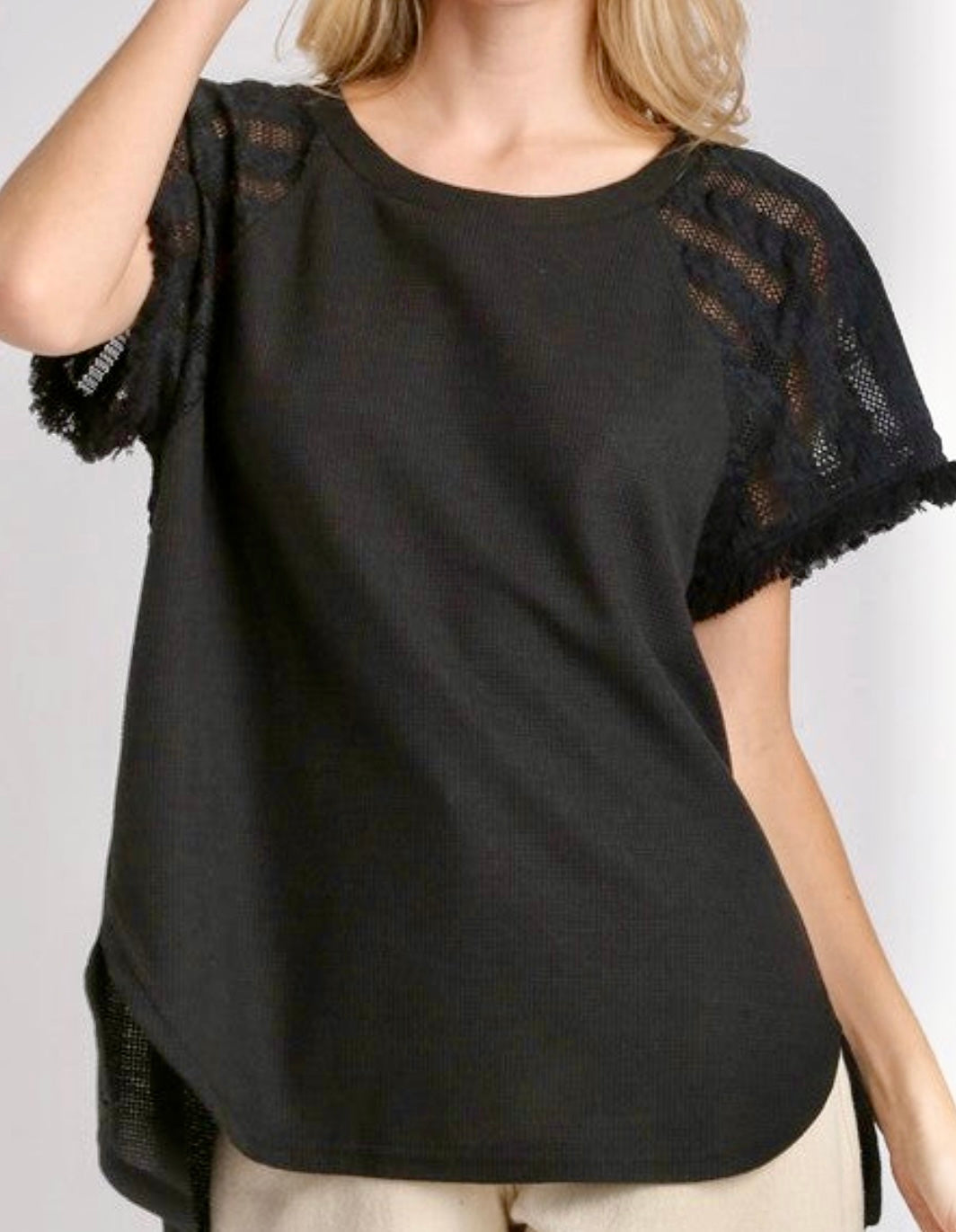 Black soft rib hi/lo top with crochet sleeve inserts & fray detail, BEST SELLER