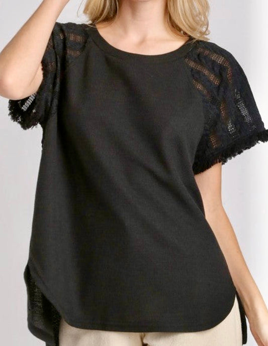 PREORDER NOW, RESTOCKING Friday…Black soft rib hi/lo top with crochet sleeve inserts & fray detail, BEST SELLER