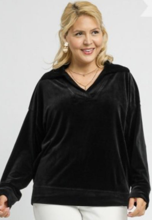 Plus size black velour polo