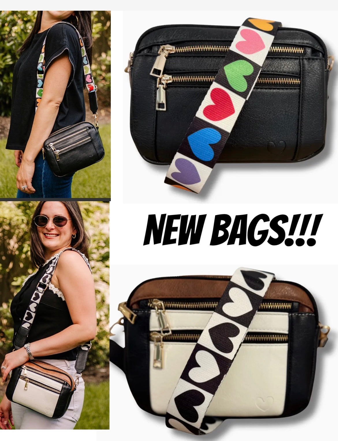 Vegan leather zip top crossbody bags with heart straps
