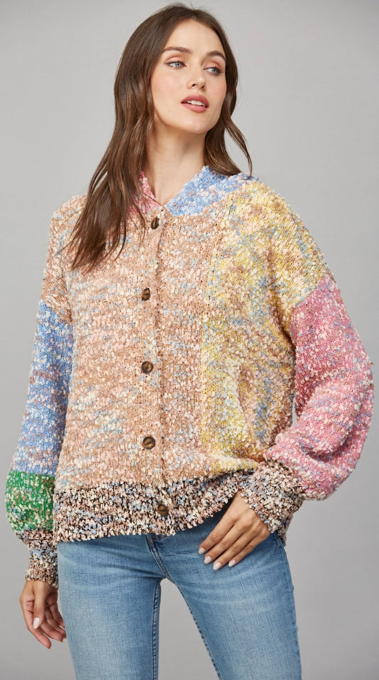 Multicolor soft and cozy button down cardigan with hood