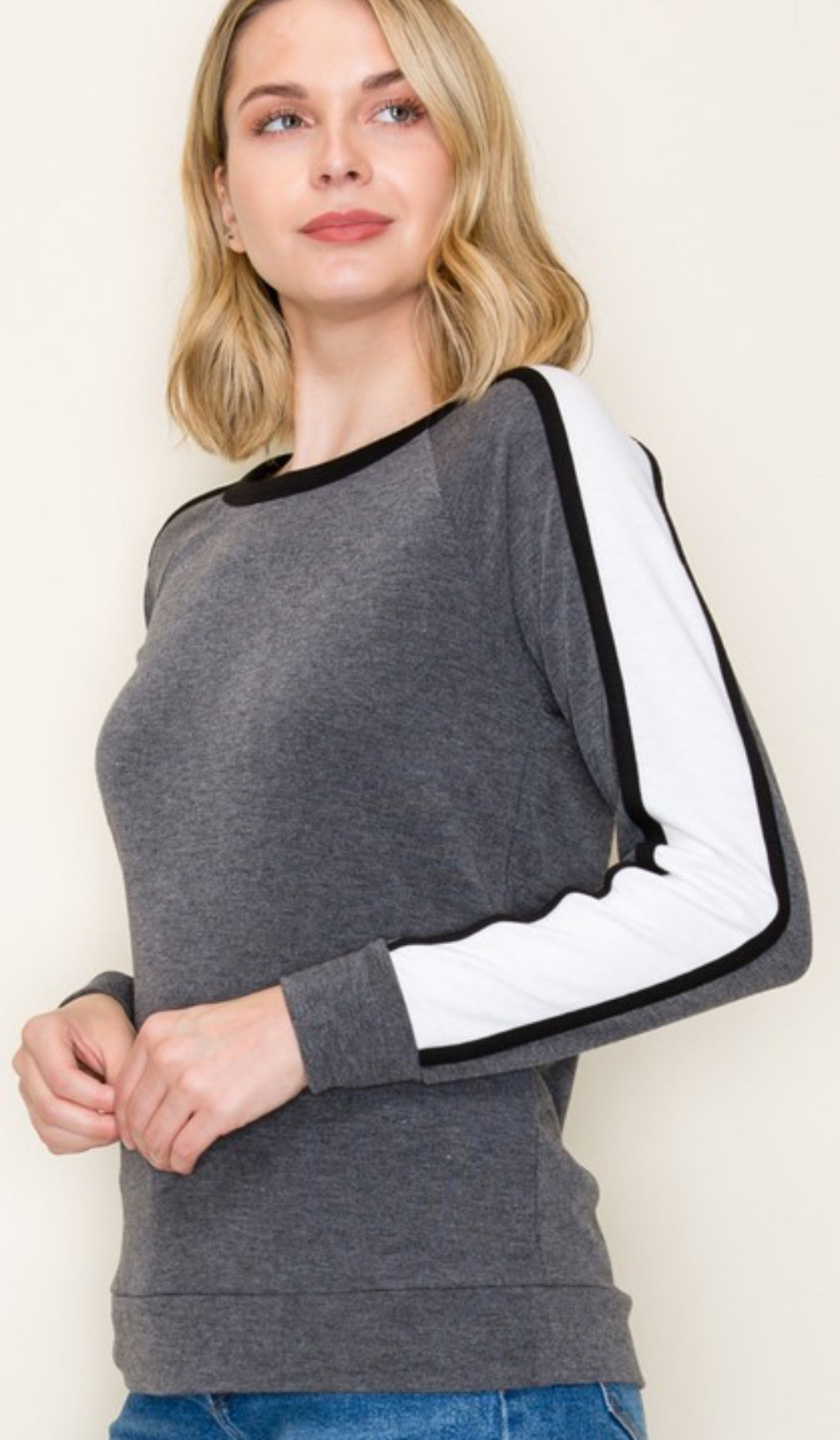 Grey top with sleeve stripes, available in crew or v neck