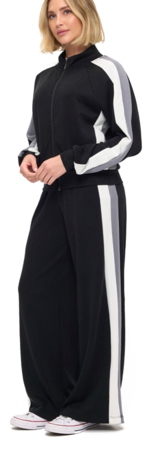 PREORDER NOW, Arriving tomorrow…Black soft scuba set (sold separately) with grey and white stripes