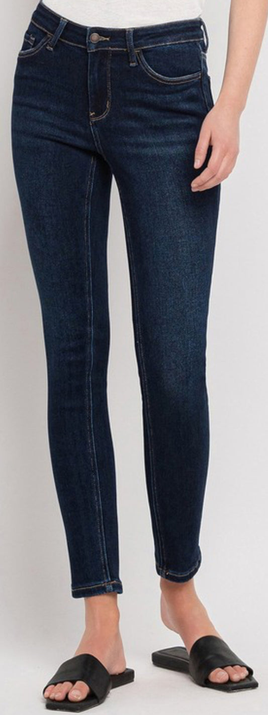 Dark wash mid rise stretch jeans, ankle length