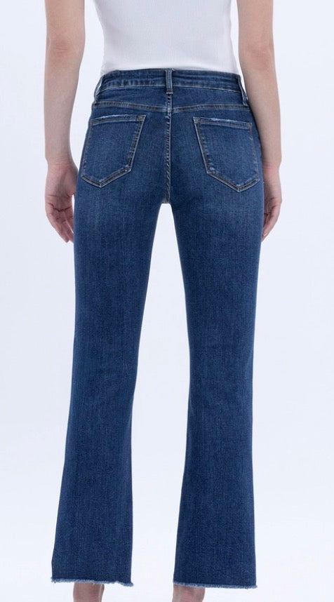 PREORDER NOW, Arriving Friday…Tummy control dark denim kick flare jeans with raw hem and stretch, perfect length for most!
