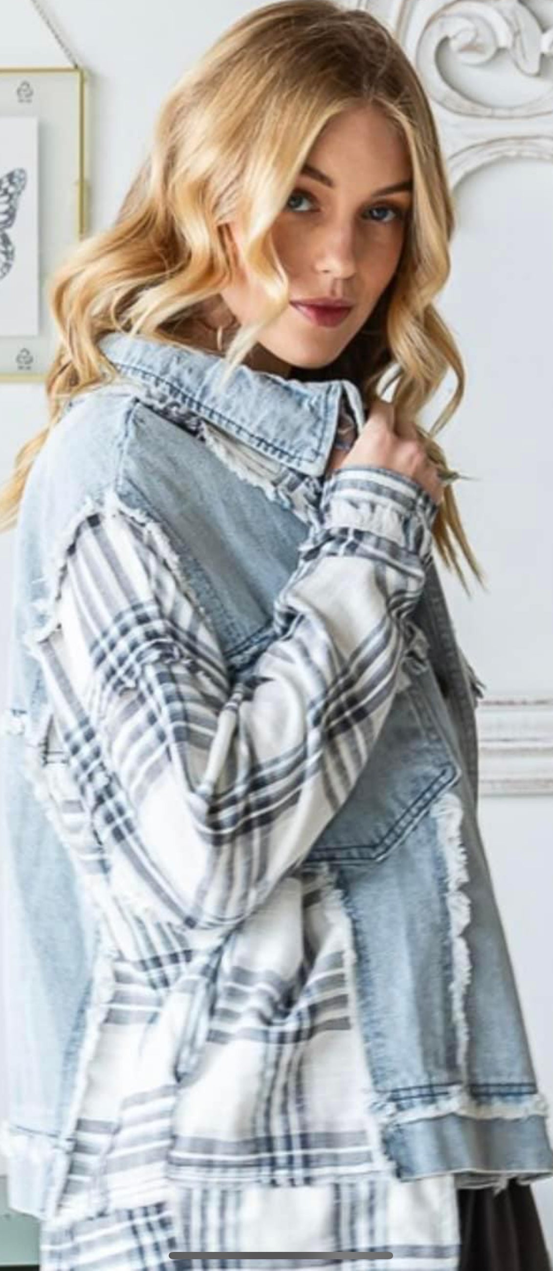 Loose fit snap front denim jacket with white and black plaid sleeves, up to 1X/2X