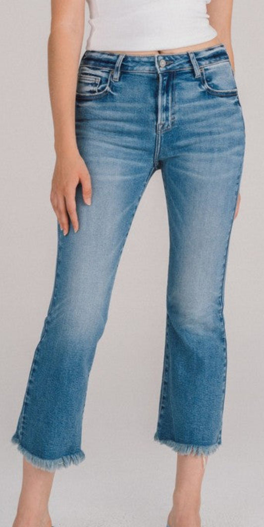 Hidden medium wash frayed hem crop flare jeans