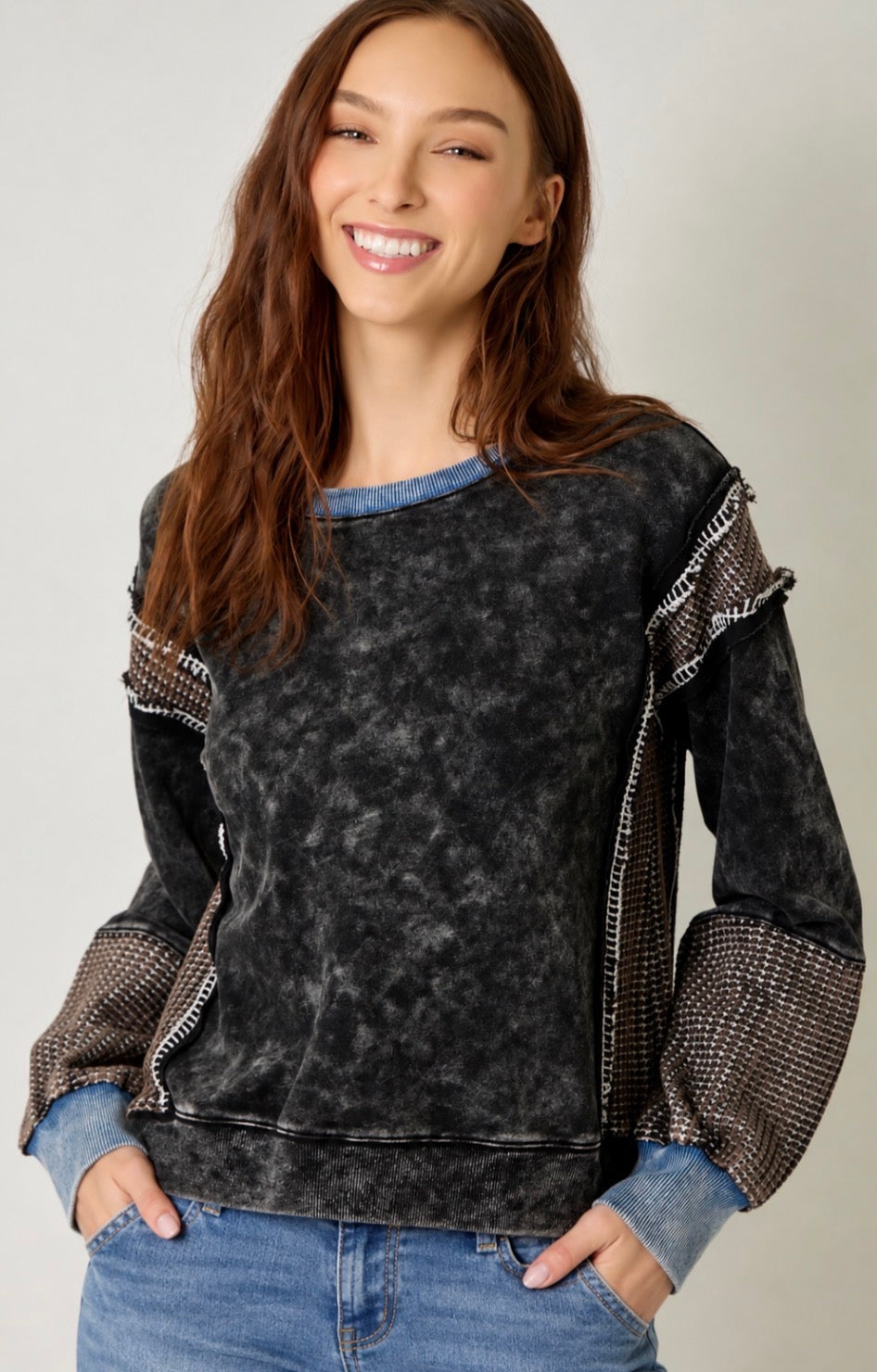 PREORDER NOW, Arriving Friday…Black mineral wash soft sweatshirt with waffle inserts