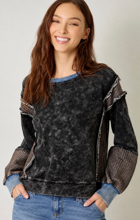 PREORDER NOW, Arriving Friday…Black mineral wash soft sweatshirt with waffle inserts